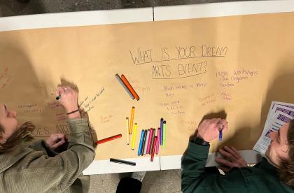 Two people are writing on a big piece of brown paper. The words "What is your dream arts event?" can be seen on the page.