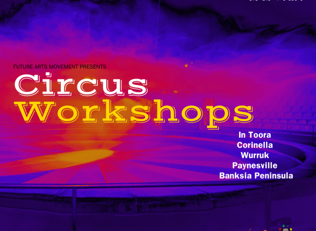 Circus workshops graphic with a neon circus ring